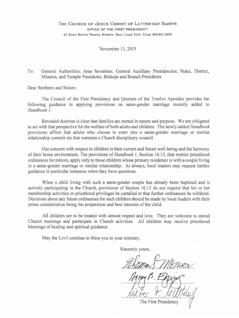 First Presidency Letter Regarding Policy Change