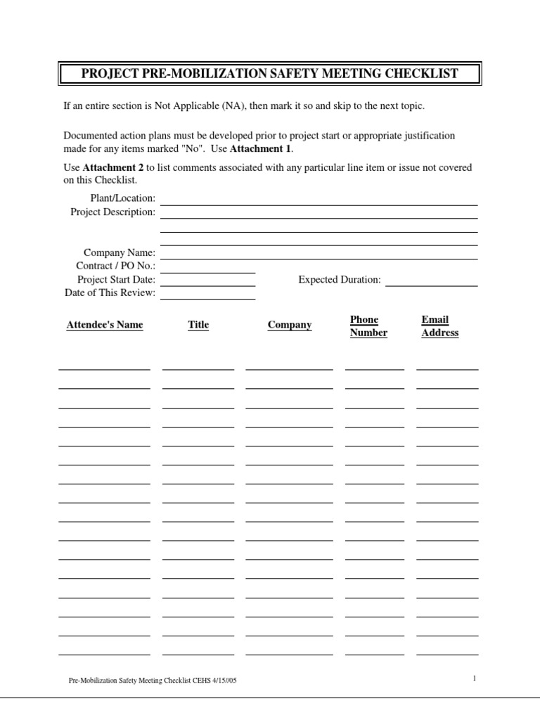 Pre-Mobilization Safety Meeting Checklist | PDF | Personal Protective ...