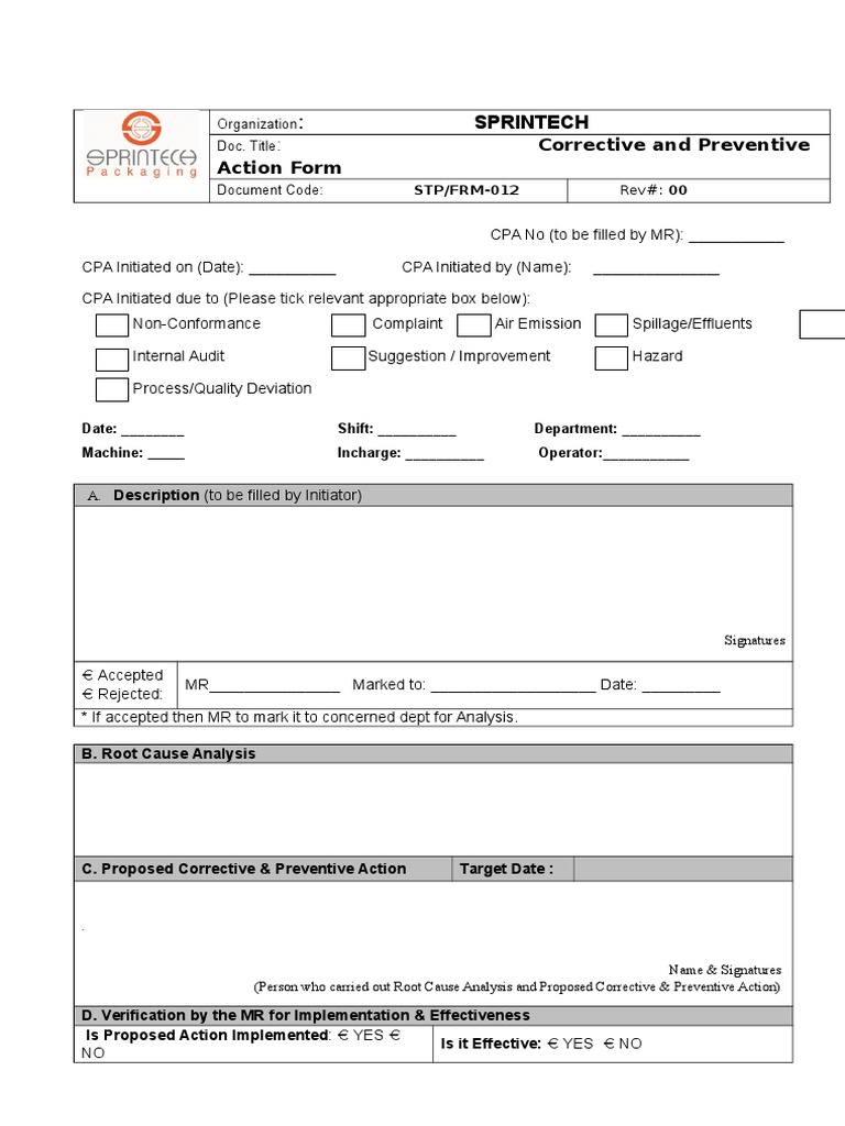 Corrective Preventive Action Form | PDF