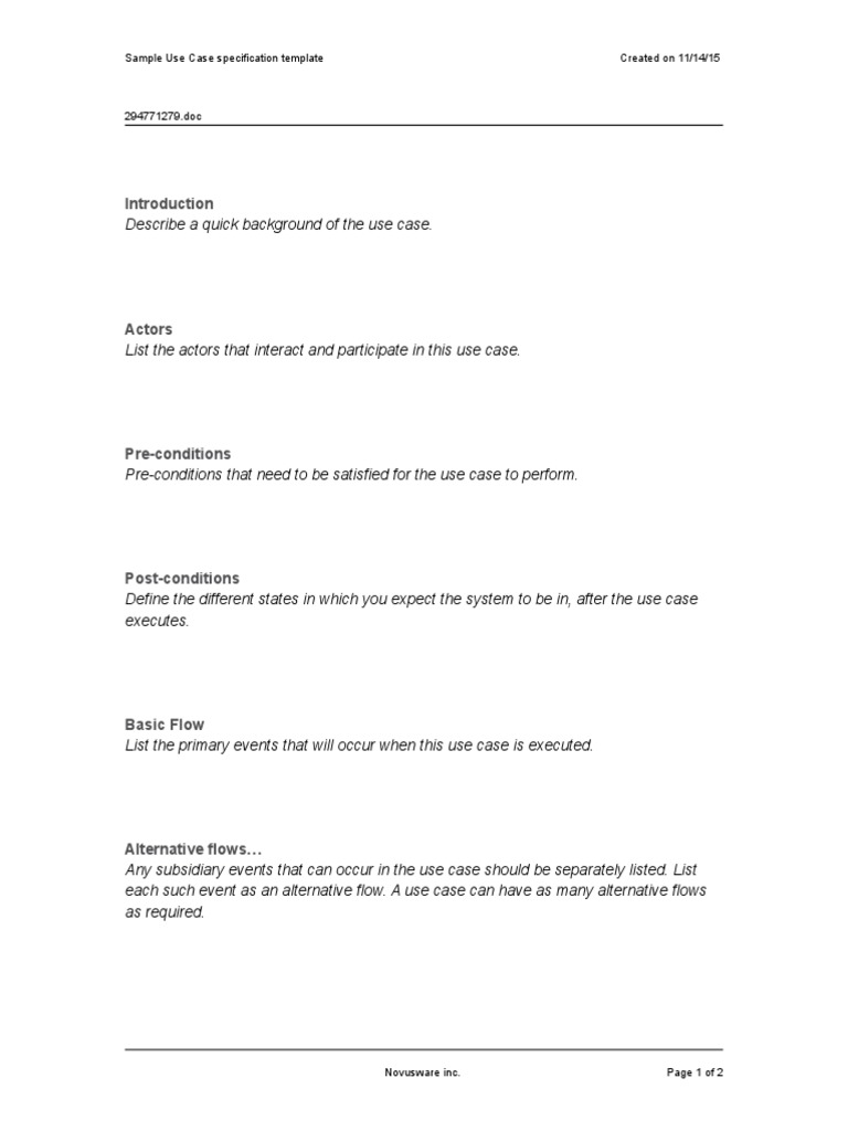 Sample Use Case Specification Template Created On 11/14/15 | PDF