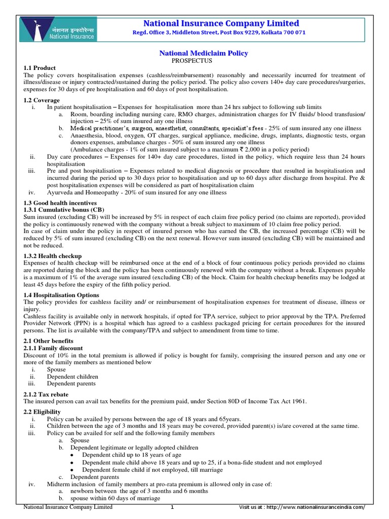 National Mediclaim Policy Prospectus | PDF | Insurance | Hospital
