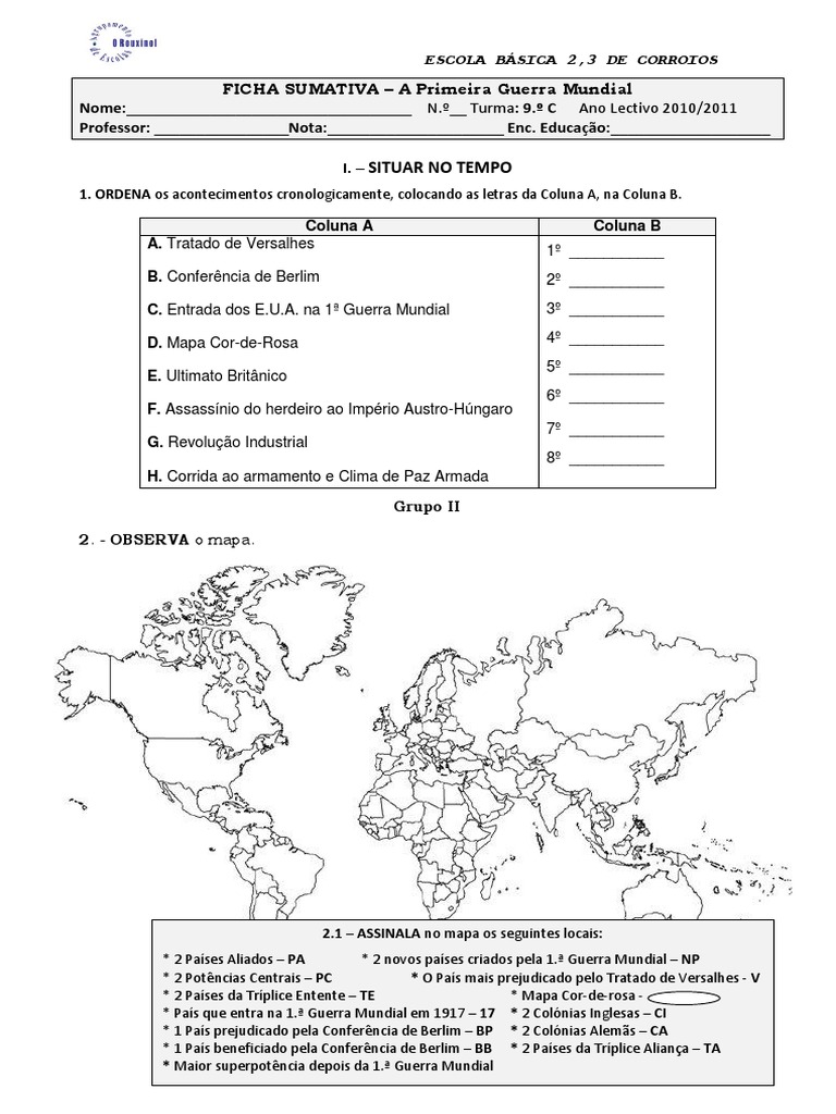 Teste História 9 Ano 1 GM | PDF | Aliados da Primeira Guerra Mundial ...