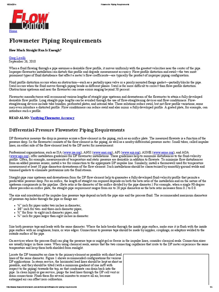 Flowmeter Piping Installation Guide | PDF | Flow Measurement | Fluid ...