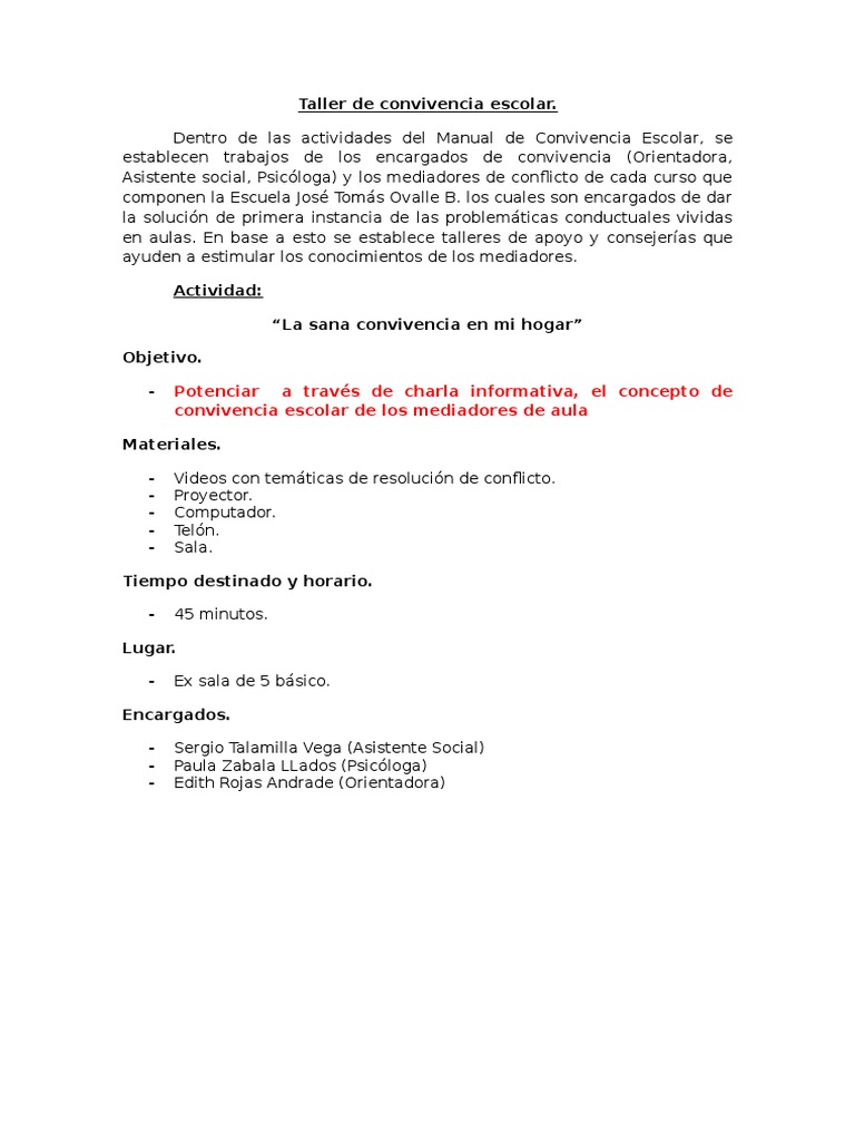 Taller de Sana Convivencia Escolar | PDF