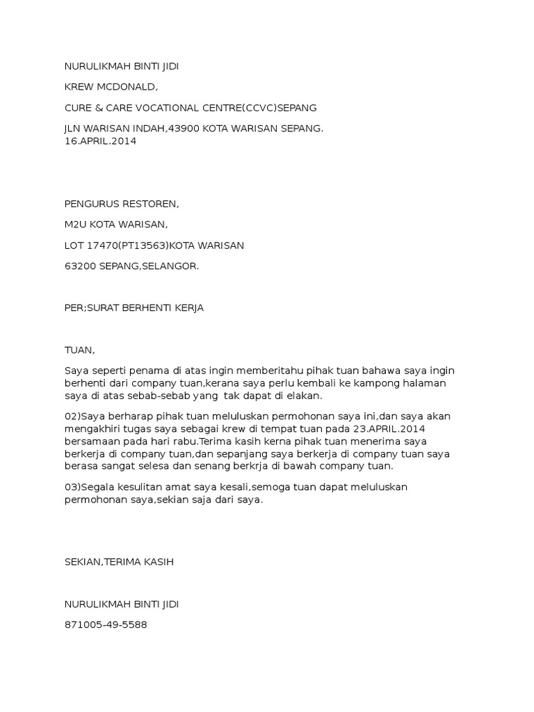 Contoh Surat Resign Word / 2 Contoh Surat Pengunduran Diri