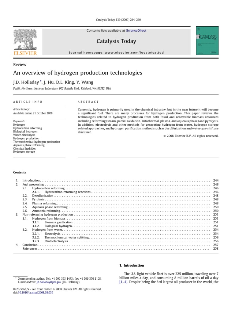 An Overview of Hydrogen Production Technologies, A Review | PDF