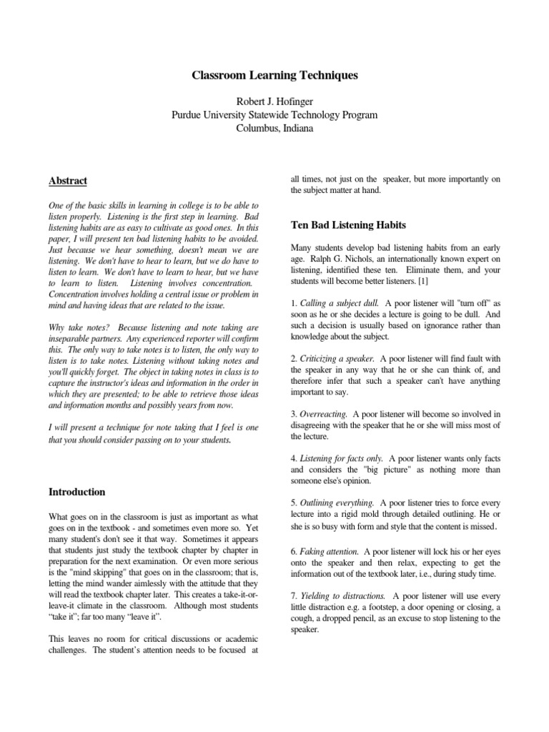 Effective Classroom Listening Techniques | PDF | Lecture | Recall (Memory)