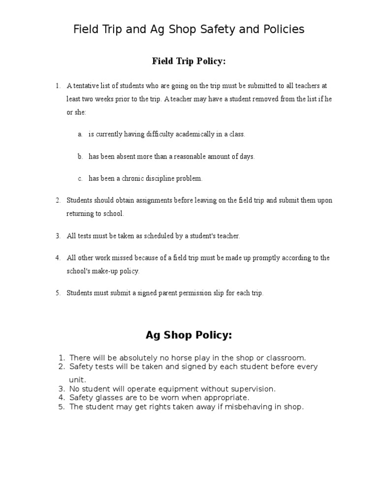 Field Trip and Ag Shop Safety Guidelines | PDF