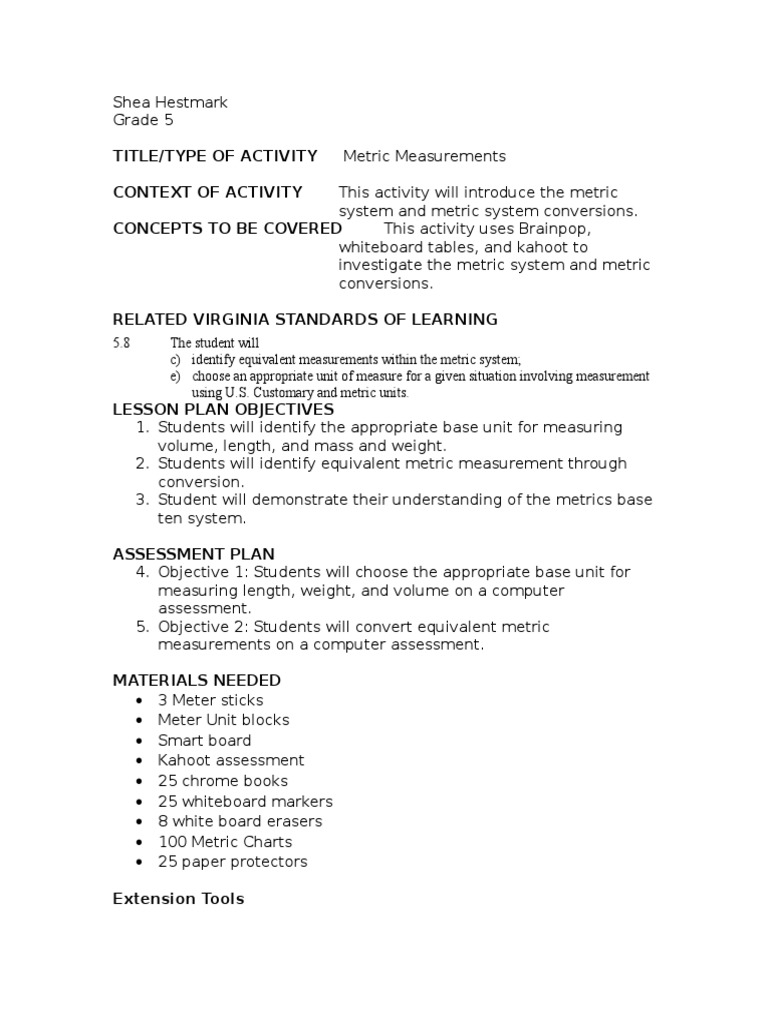 Metric measurement lesson plan essay 08 picture