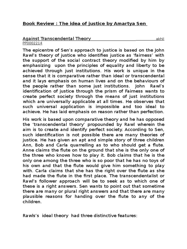 Book Review The Idea of Justice PDF John Rawls Justice