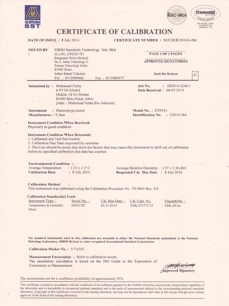 Thermohygrometer Calibration Certificate Calibration Metrology