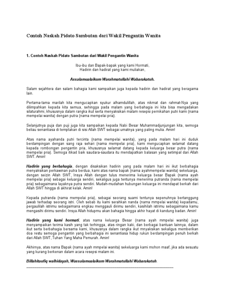 Contoh Naskah Pidato Sambutan Dari Wakil Pengantin Wanita
