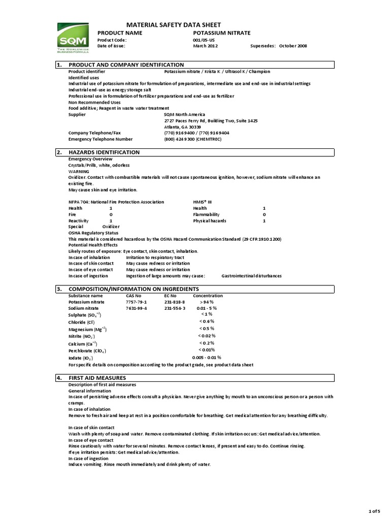 MSDS PotassiumNitrate | PDF | Toxicity | Perchlorate