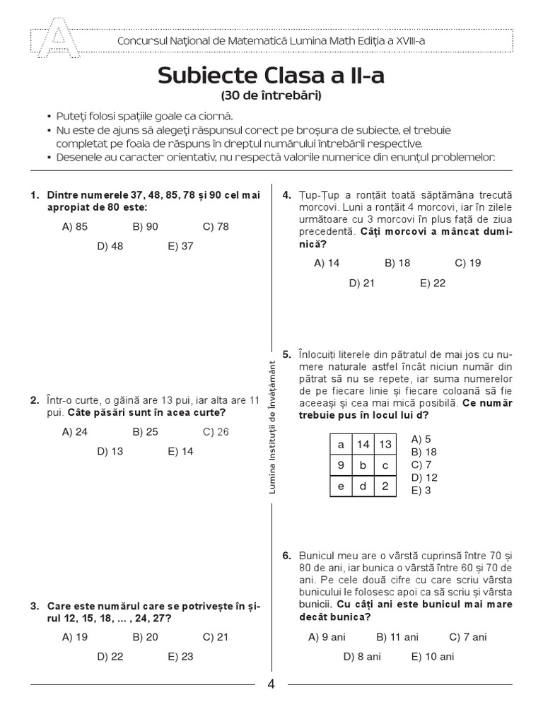 Subiect Clasa A II-a LUMINAMATH | PDF