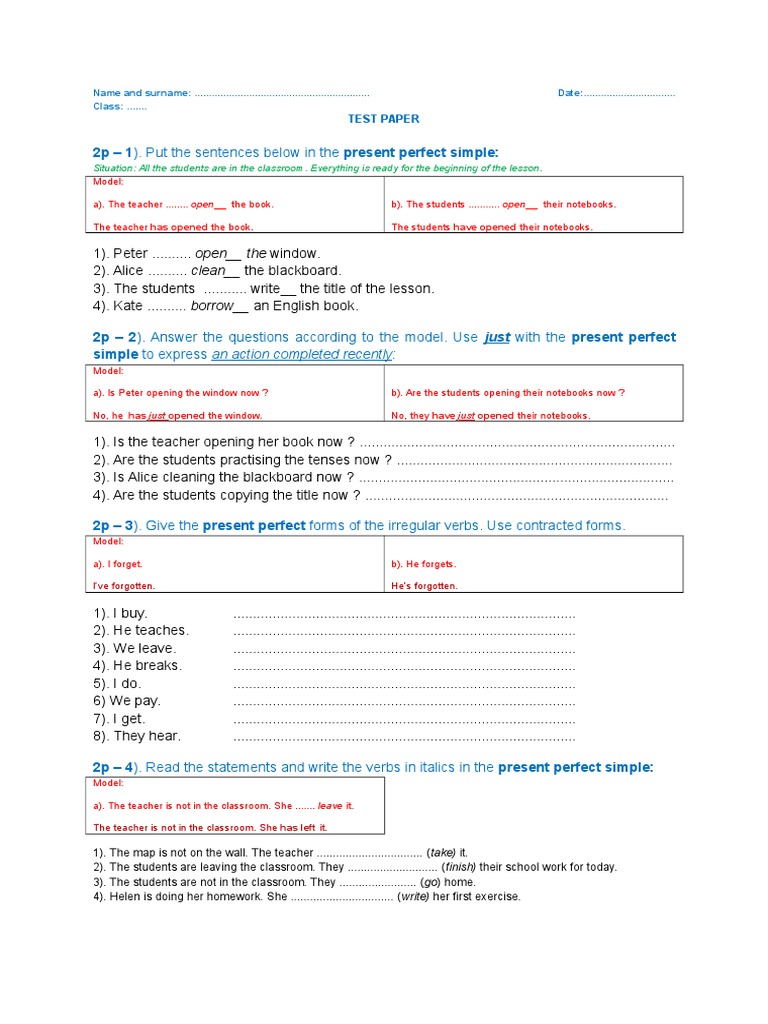 Present Perfect Simple Test Paper | PDF | Classroom | Grammar