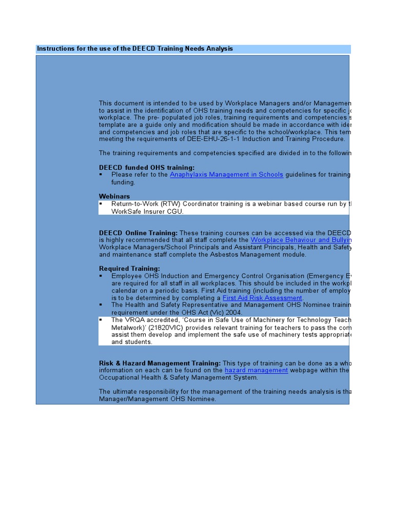 DEECD Training Needs Analysis Guide | PDF | Occupational Safety And ...