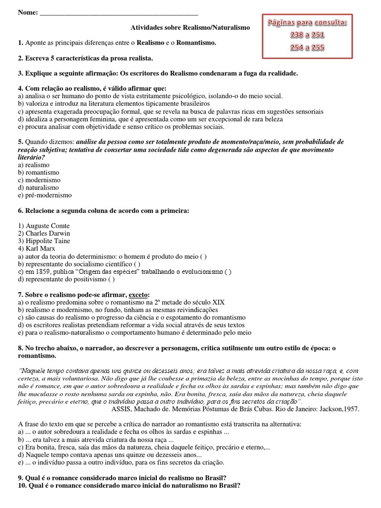 Prova Sobre Realismo E Naturalismo Com Gabarito