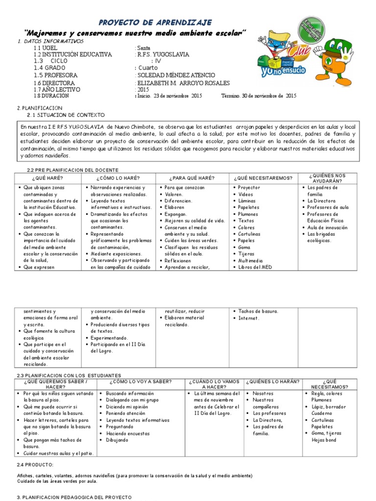 Proyecto de Cuidado del Medio Ambiente Escolar | PDF | Residuos ...