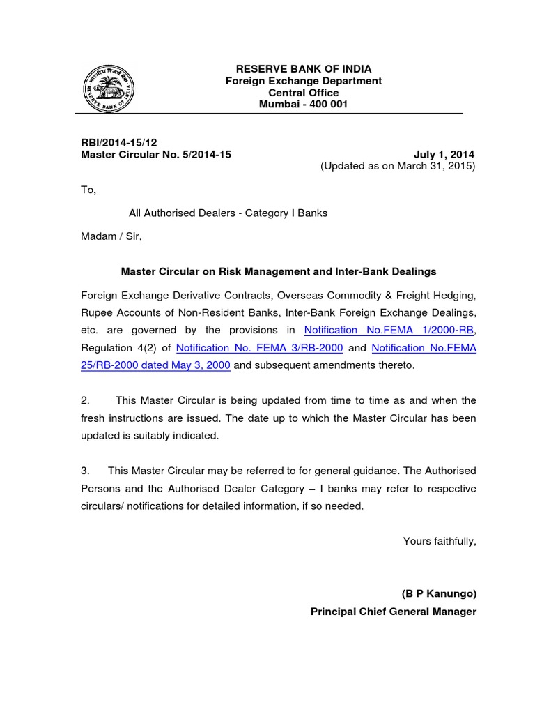 Master Circular On Rbi Circular Circular On Forex Risk Management - 
