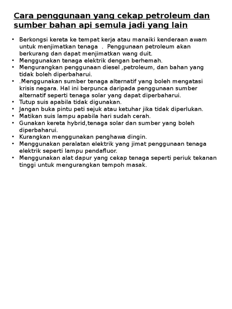 Penggunaan Yang Cekap Petroleum Dan Sumber Bahan Api Semula Jadi Yang Lain Malaydiac