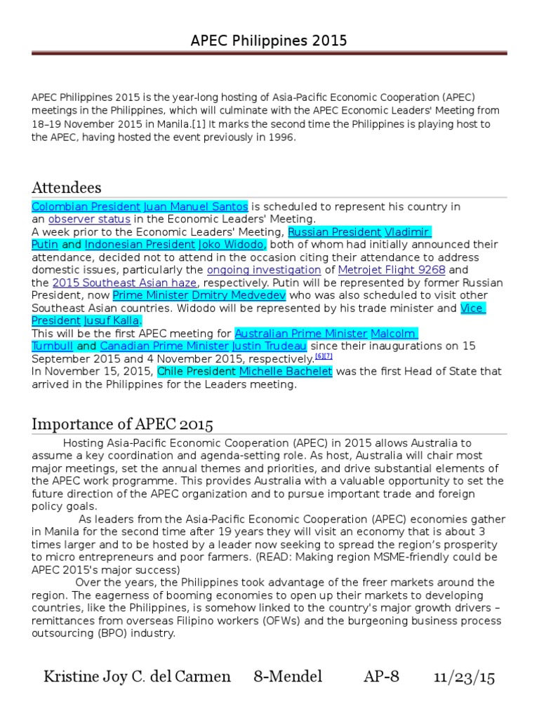 APEC 2015: Philippines Hosts Economic Leaders | PDF | Asia Pacific ...