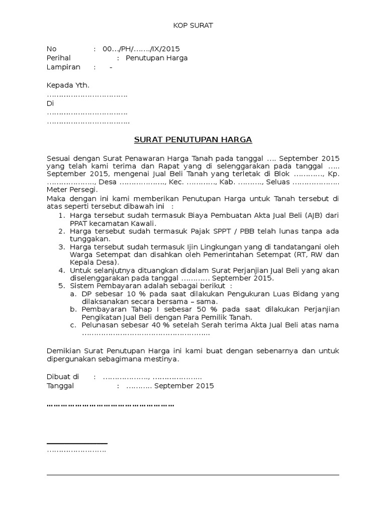 Surat Penutupan Harga Tanah