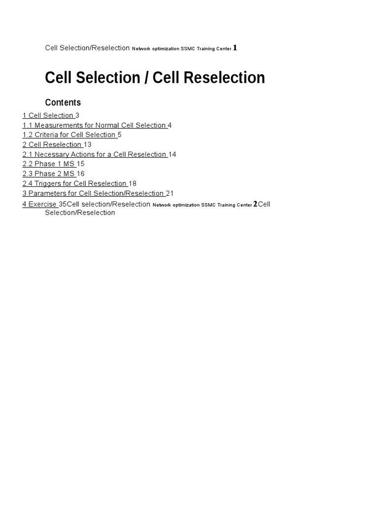 Cell Selection / Cell Reselection: Network Optimization SSMC Training ...