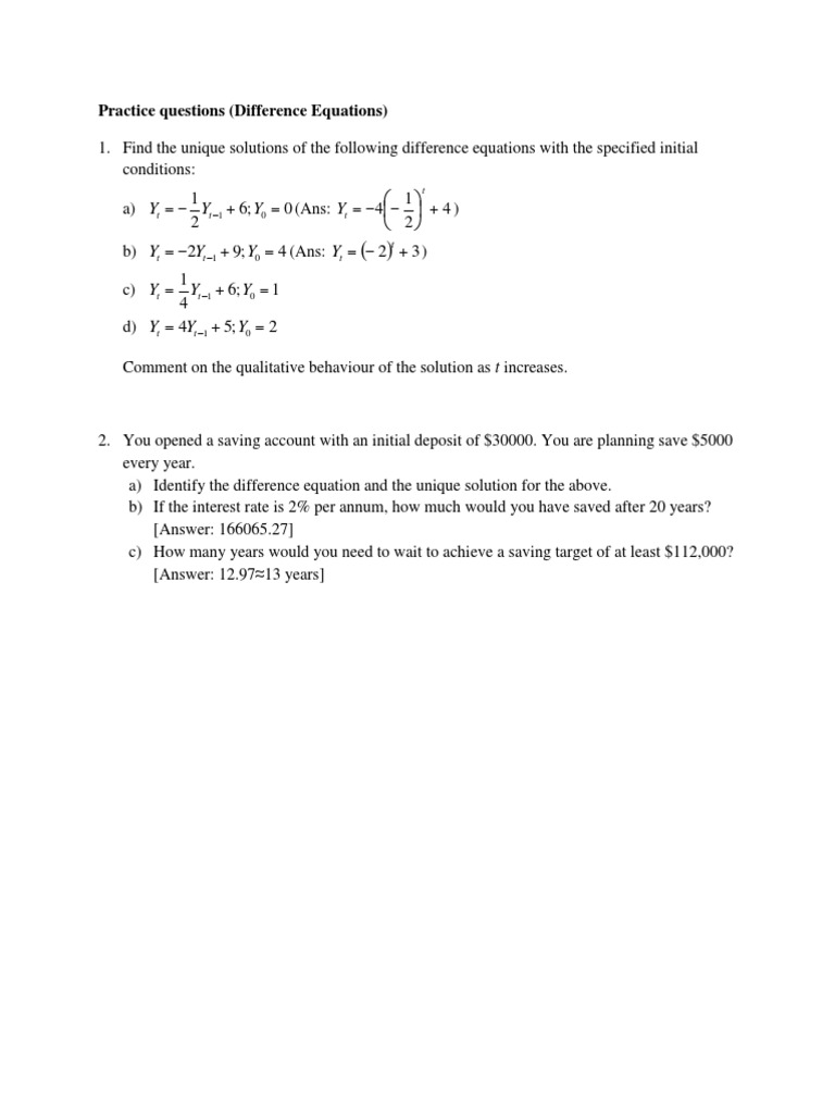 Difference Equation Practice Questions | PDF | Finance & Money ...