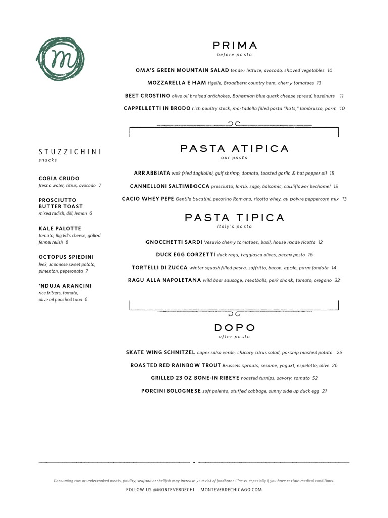 Monteverde Menu | PDF | Pasta | Cuisine