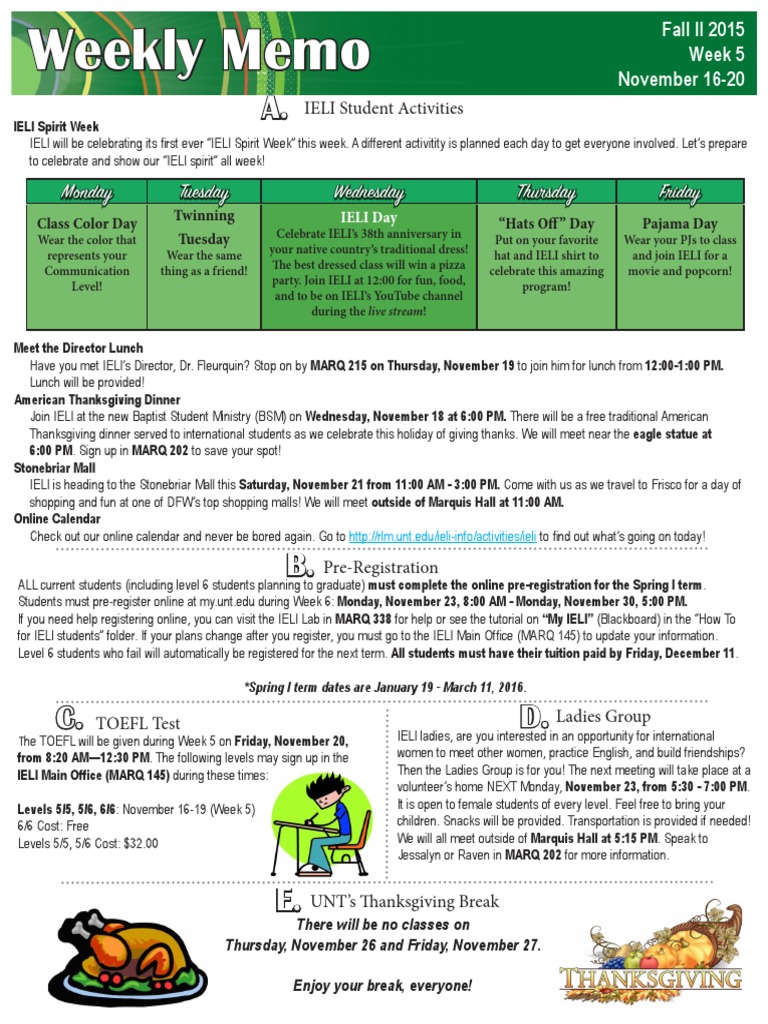 IELI Weekly Memo: Nov 16-20 Activities | PDF