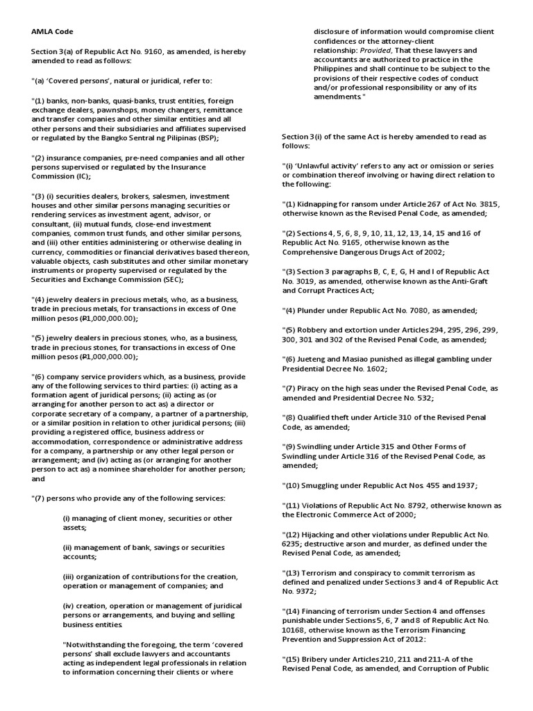 AMLA Code | Download Free PDF | Securities (Finance) | Money Laundering
