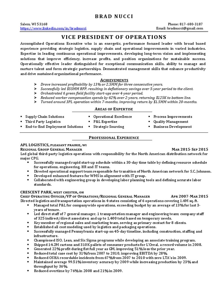 VP Operations Supply Chain in USA Resume Brad Nucci Logistics Supply Chain