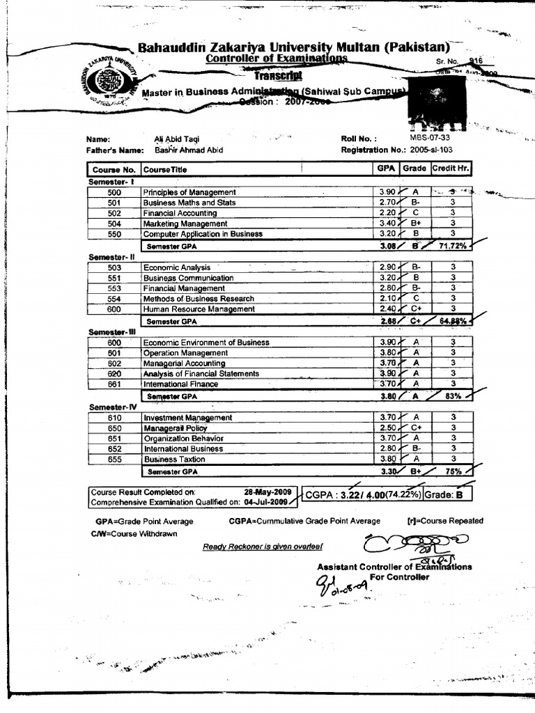 BZU Multan Transcript Overview | PDF