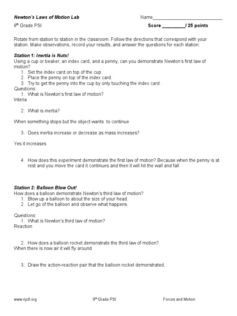 Newton's Laws of Motion Lab Activities | PDF | Inertia | Newton's Laws ...