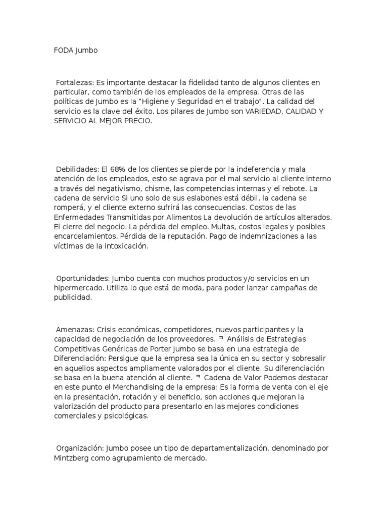 Análisis FODA de Jumbo Supermercados | PDF | Análisis FODA | Mercado ...