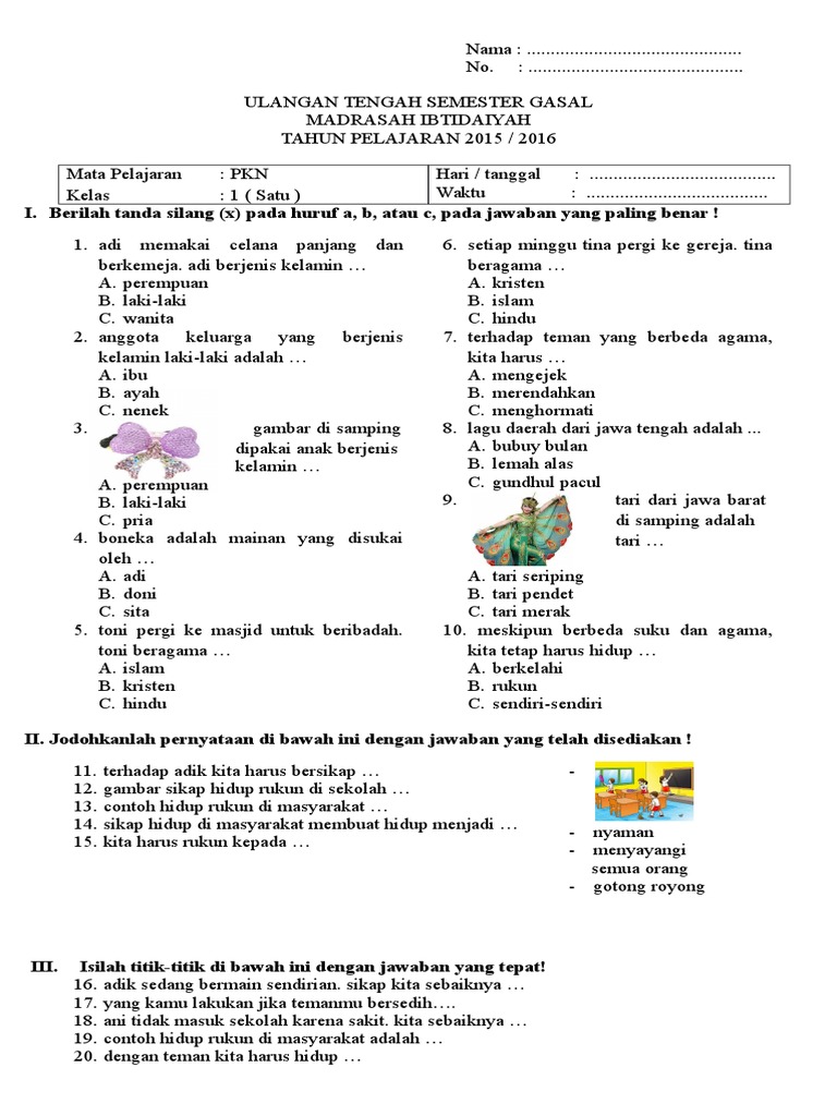 Soal Uts Pkn Kelas 1