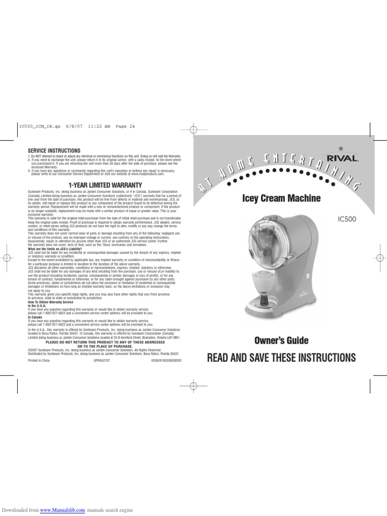 Rival IC500 Icey Cream Machine Manual Drink Ice Cream Free 30day