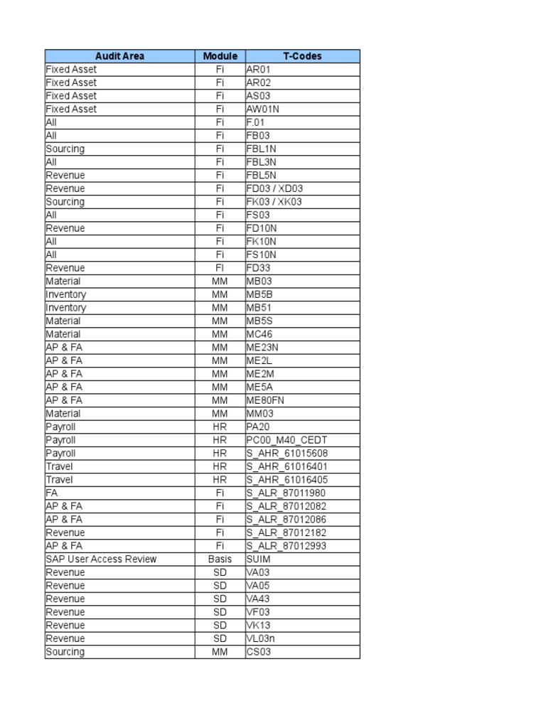 SAP Audit T-Codes Overview | PDF