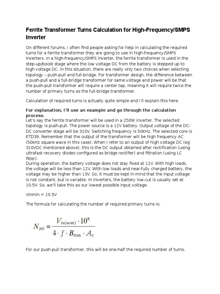 Ferrite Transformer Turns Calculation PDF Power Inverter Inductor