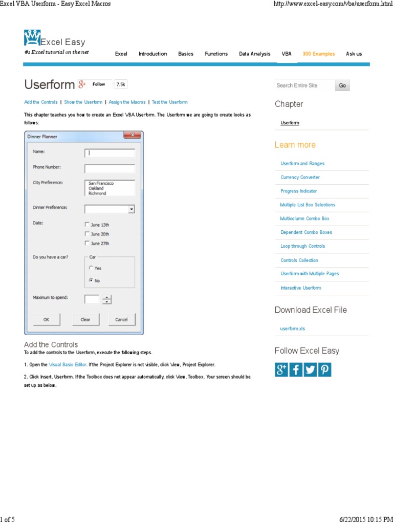 Excel VBA Userform - Easy Excel Macros | PDF | Visual Basic For  Applications | Microsoft Excel