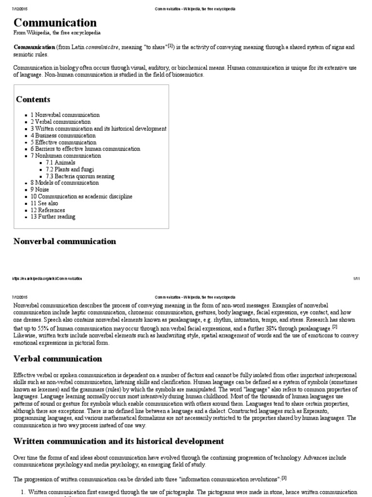 Communication - Wikipedia, The Free Encyclopedia | PDF | Nonverbal ...