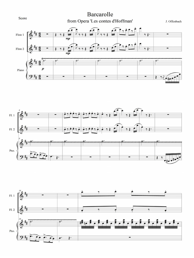 Offenbach Barcarolle for 2 Flutes and Piano