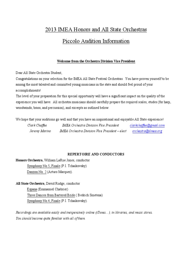 2013 Imea Piccolo Audition Packet PDF Orchestras Audition