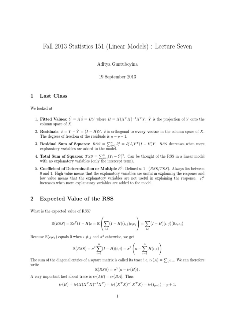 Linear Models: Lecture 7 Summary | PDF | Errors And Residuals | Normal ...
