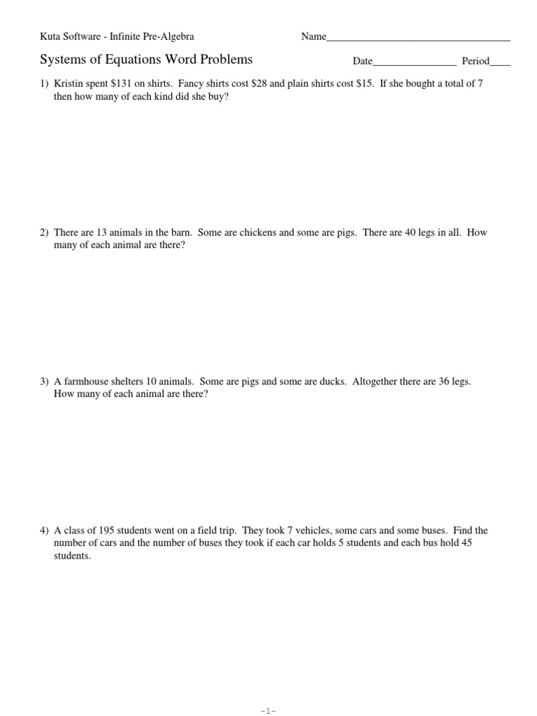 Worksheets Systems Of Equations Word Problems Worksheet 1 systems word problems vehicles transport