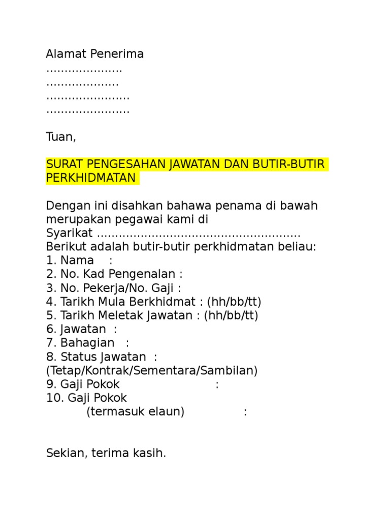 Contoh Surat Pengesahan Majikan Pdf