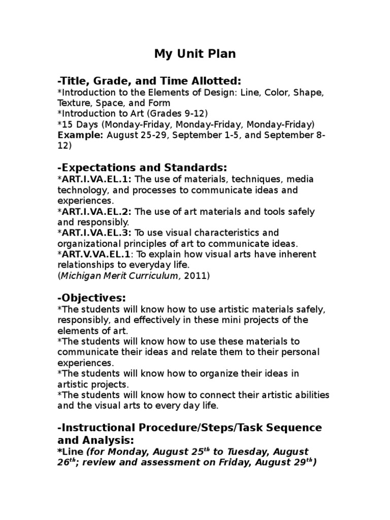 Art Elements Unit Plan for Grades 9-12 | PDF | Educational Assessment ...