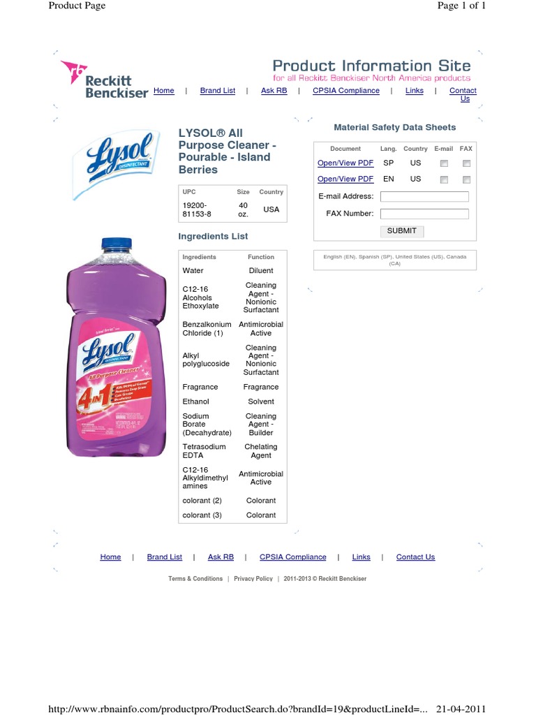 Lysol® All Purpose Cleaner Pourable Island Berries Material Safety