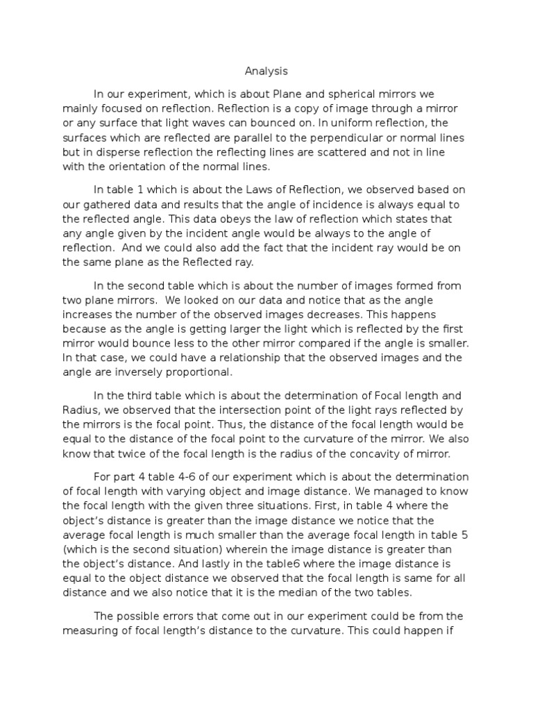 Experiment 402 Plane and Spherical mirrors (Analysis and Conclusion