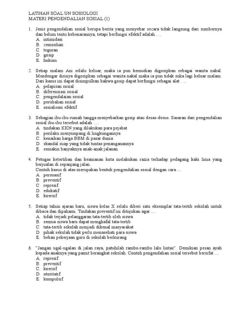 Latihan Soal Un Sosiologi Materi Pengendalian Sosial 1